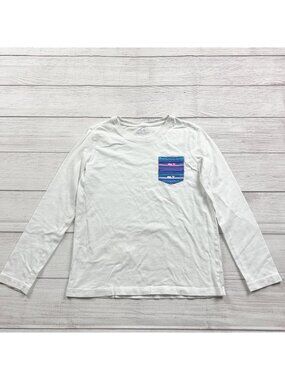 Vineyard Vines Girls White Long Sleeve Crewneck Shirt Striped Pocket Large 14